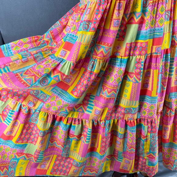 Vtg 80s 90s Two Potato Retro Artsy Midi Tiered Tie Shoulder Dress M Resort Wear - Picture 9 of 16